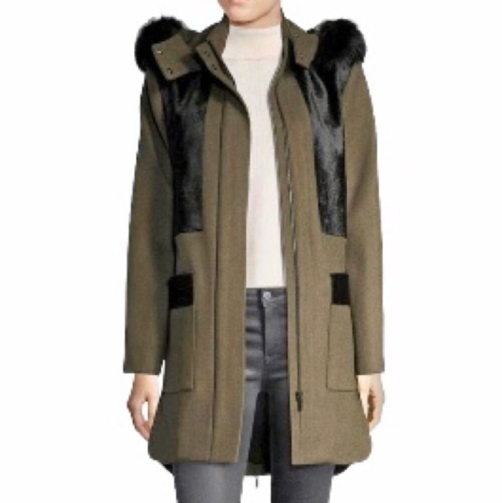Womens Zac Posen Green Black Wool Blend Coat Sz 12 Fur Trim Hooded Winter Jacket